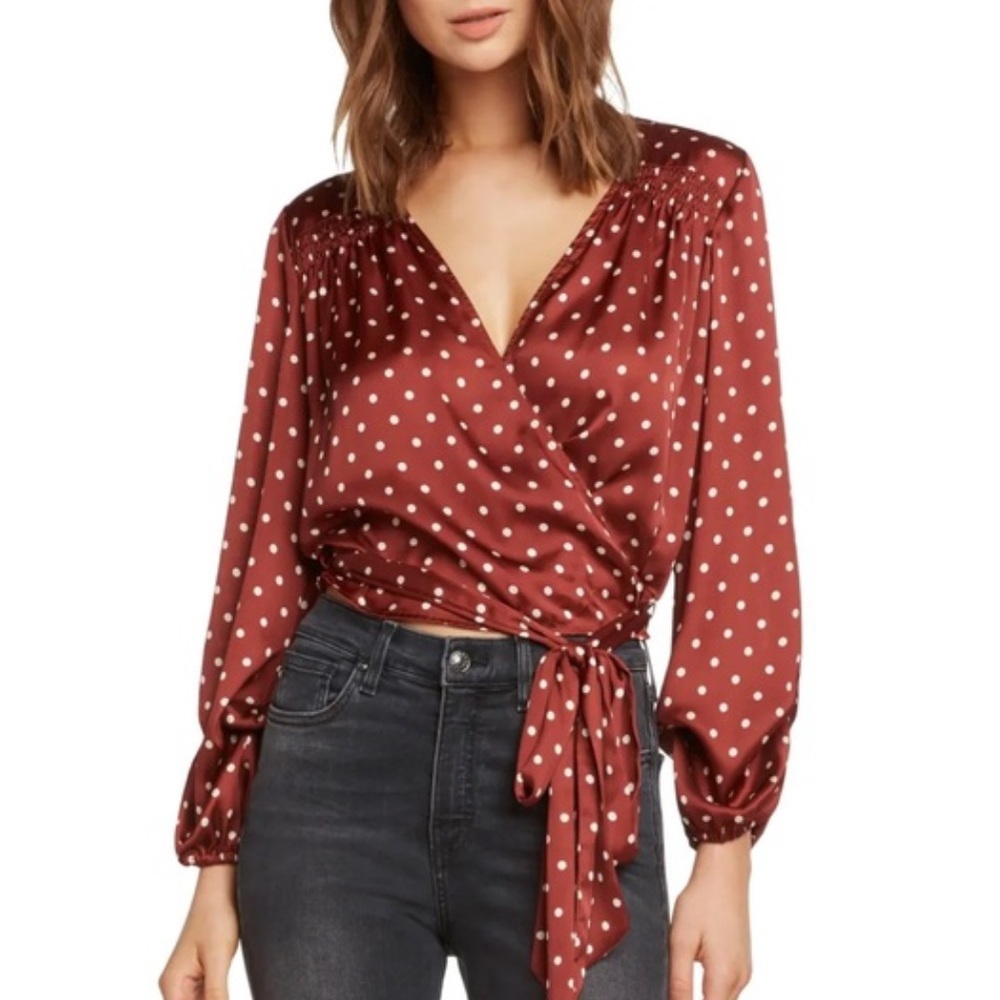 Willow & Clay Polka Dot Satin Wrap Blouse